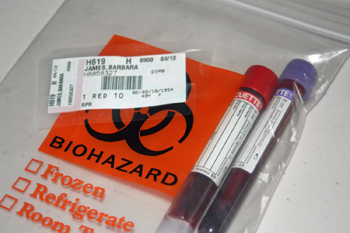 Unlabeled Blood tubes in biohazard bag