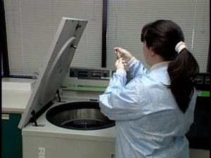 lab tech taking blood sample from centrifuge