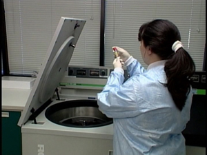 lab tech taking blood sample from centrifuge