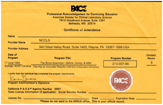 PACE certificate from NCCLS
