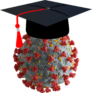Covid particle with mortar board
